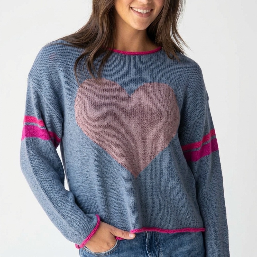 Natural Life Blue Heart Intarsia Knit Sweater Pink Trim Stripes Medium